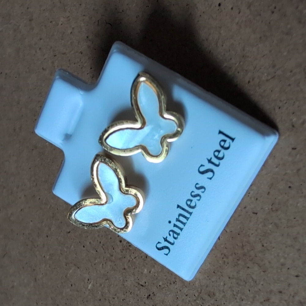 Gold-Outlined White Butterfly Stud Earrings